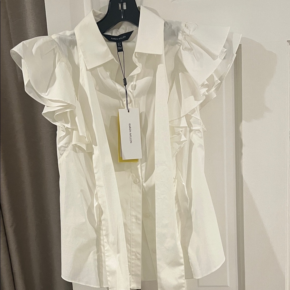 Karen Millen Cream Ruffle Sleeve Button-Down Blouse